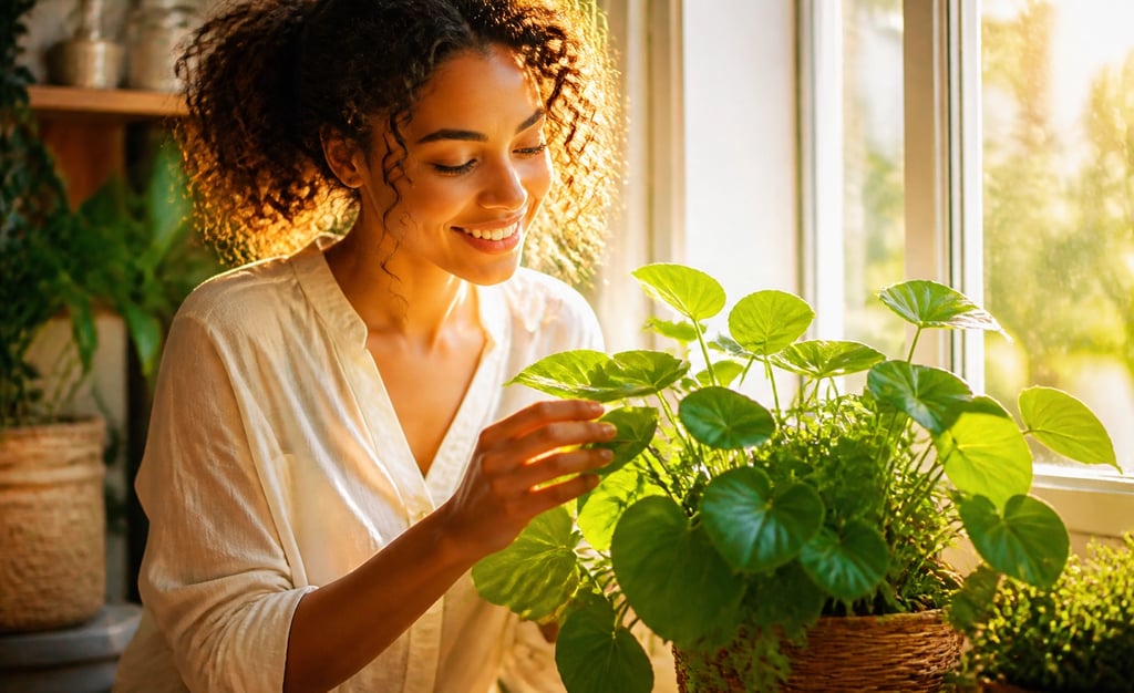 Smiling woman tending to vibrant green indoor plants in a sunlit window garden.