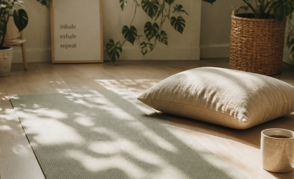 Green yoga mat and floor cushion in a bright meditation room with indoor plants and soft sunlight.