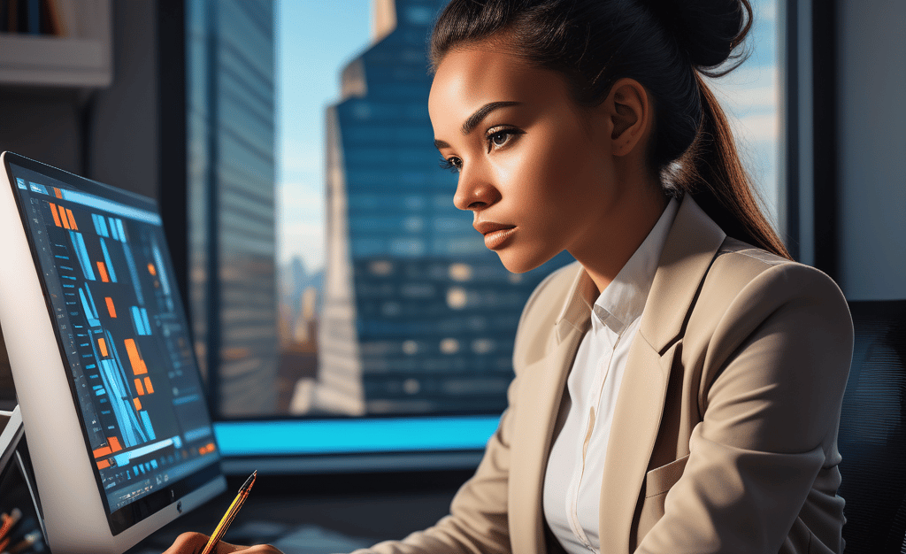 a young professional person sitting at a computer