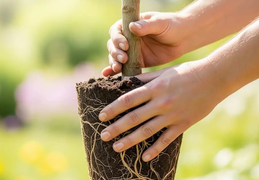 Tratando con cuidado el cepellón del árbol joven para su plantación