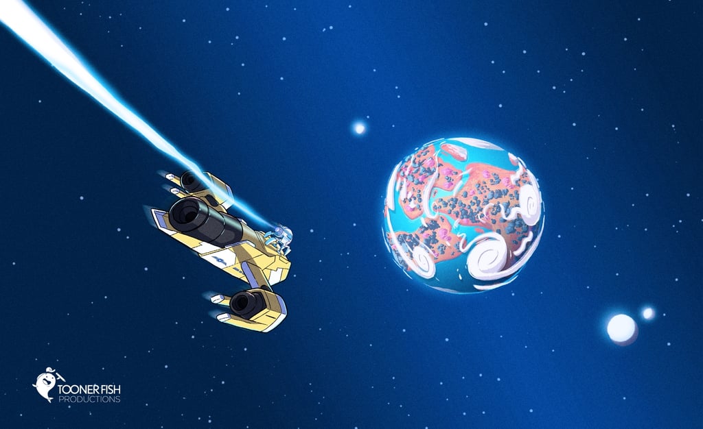 a spaceship flying towards an alien planet.