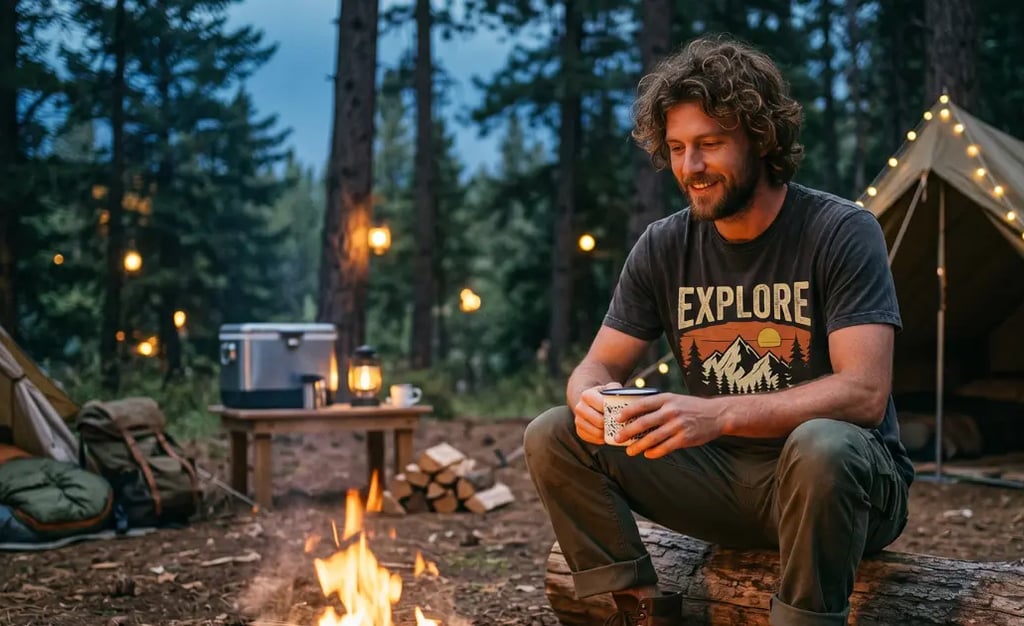 Person relaxing at campfire in graphic tee at RV campsite at dusk — Horacio & Visconti