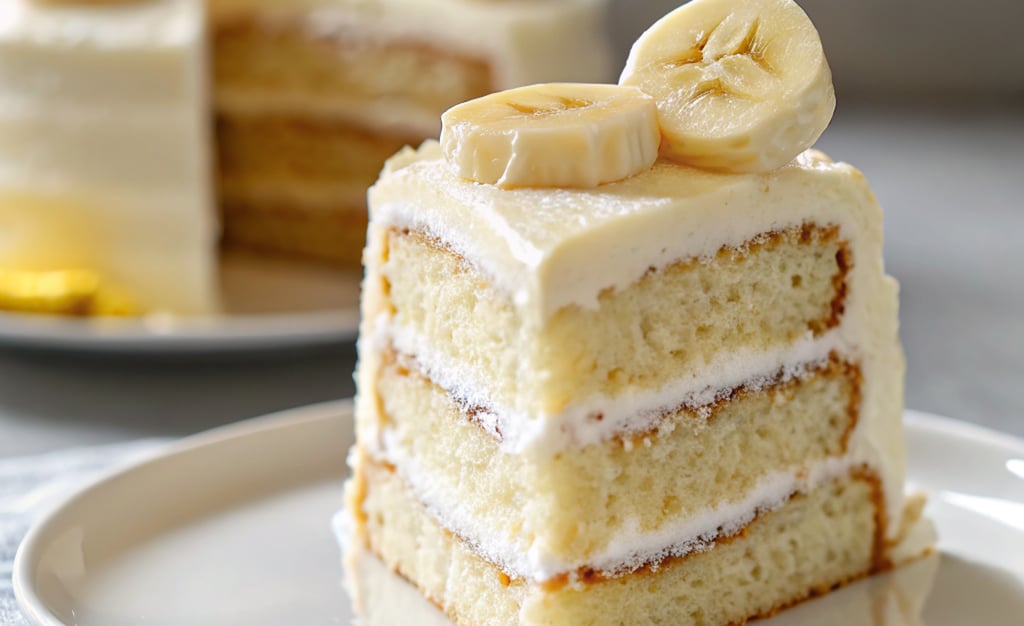 Banana cream cake slice with moist layers and creamy filling