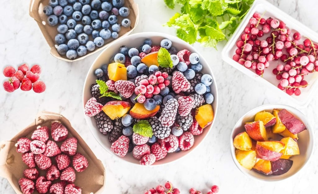 Frozen Fruist ans Vegetable on Bowls. Health Benefits