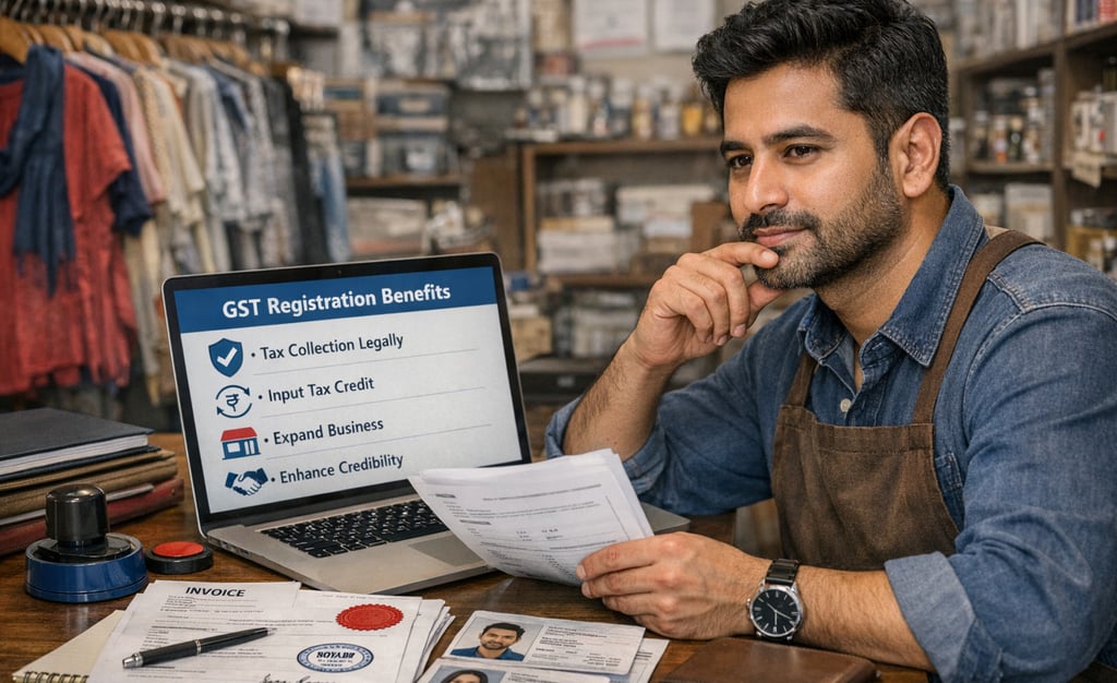 A business owner reviewing GST registration benefits on a laptop in a retail shop.