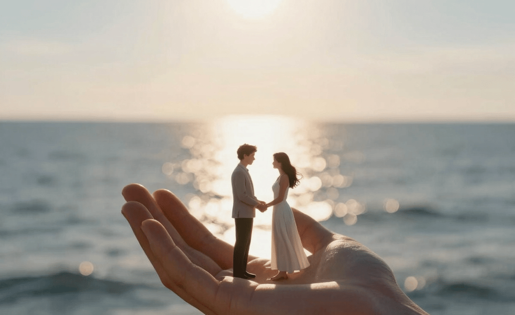 Romantic silhouette of a young couple embracing at sunset during a golden hour engagement session.