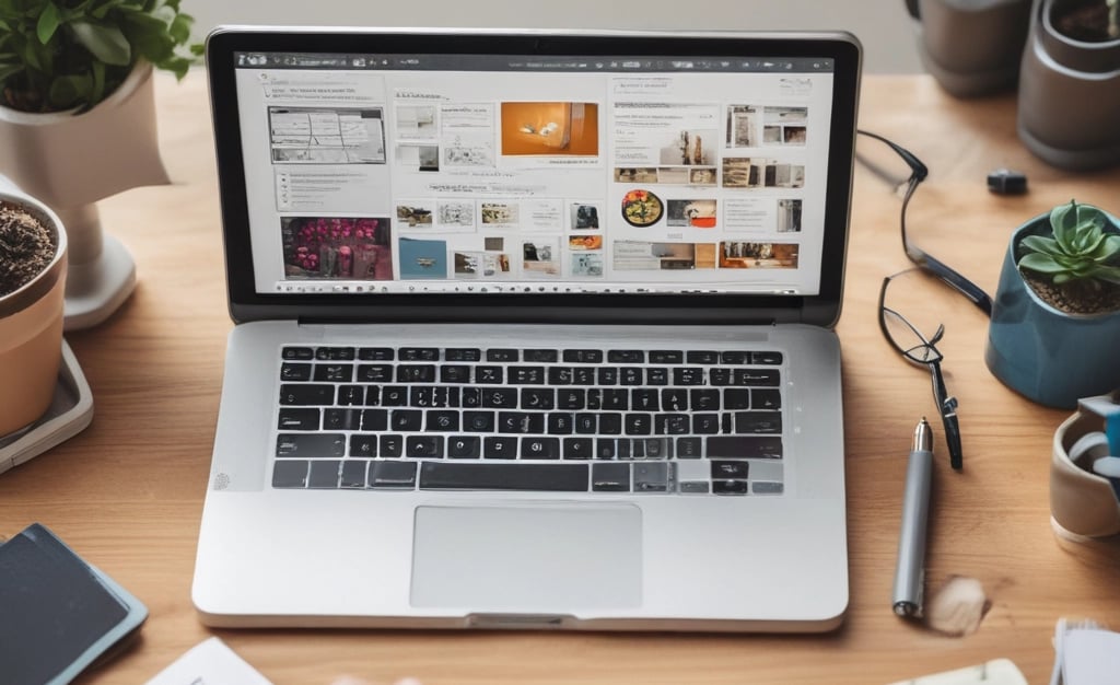 A cozy workspace with a laptop displaying an online tool review on the screen, surrounded by notes and a cup of coffee.