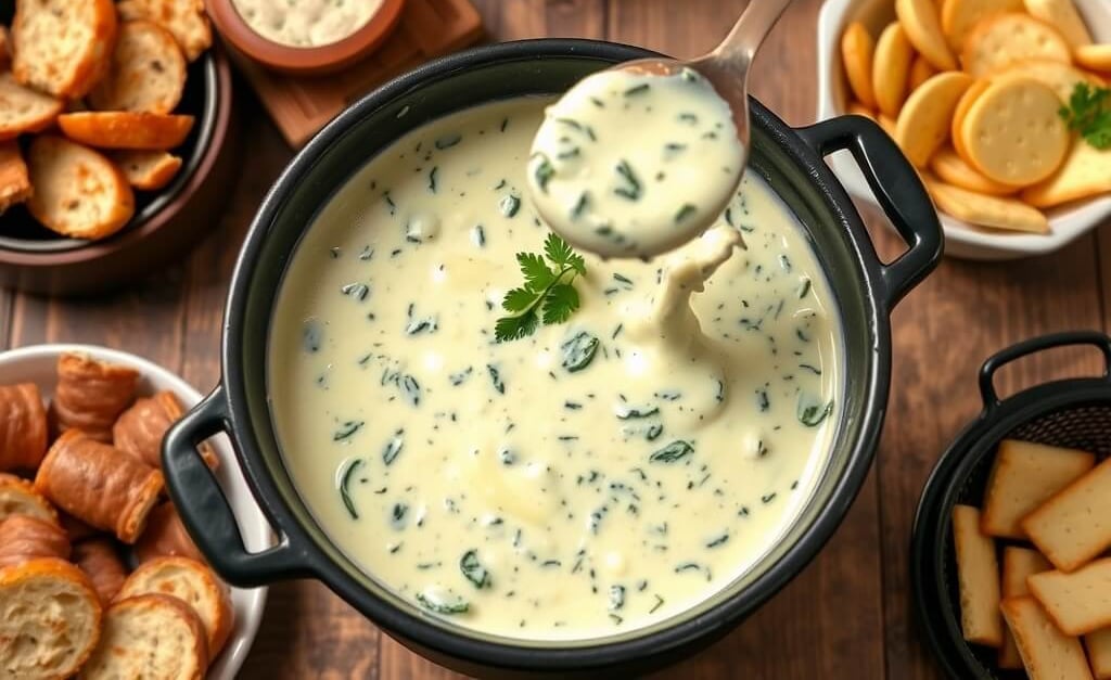 spinach parmesan fondue with crackers and meat dippers