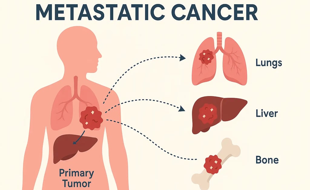 Illustration showing the spread of metastatic cancer from the primary tumor to other organs.
