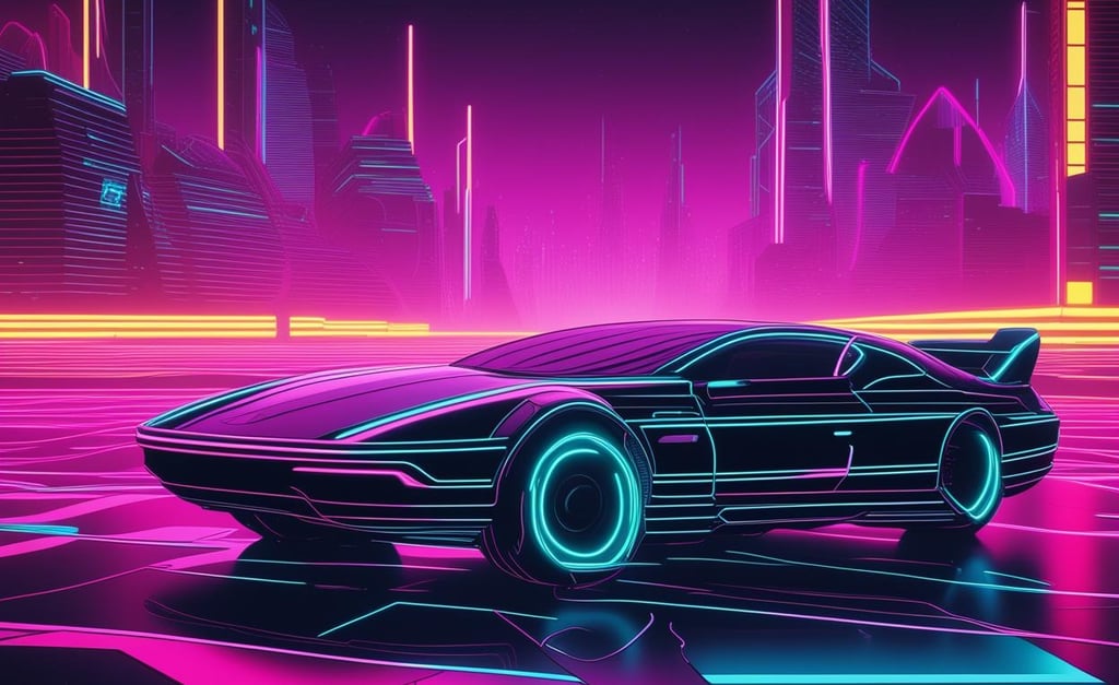 Retro‑futuristic car driving in a grid-like neon world similar to Tron.