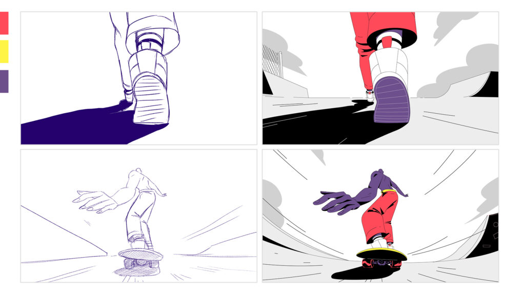 Illustration animation 2d traditionnelle skateboard FEVR studio Animation Paris agence motion design
