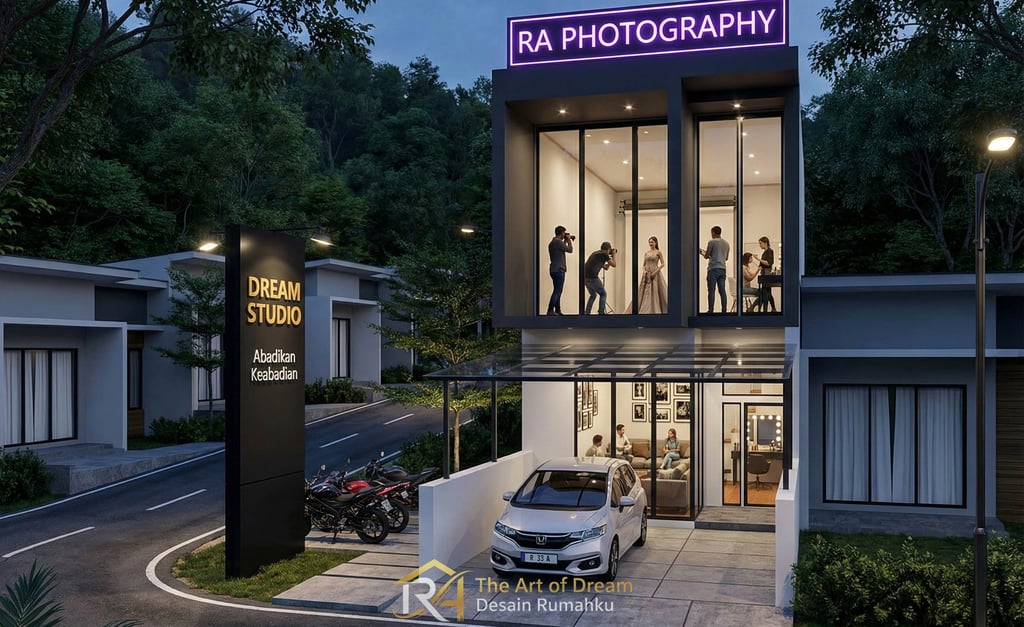 Render arsitektur 3D suasana malam bangunan studio foto modern dua lantai dengan fasad kaca besar.
