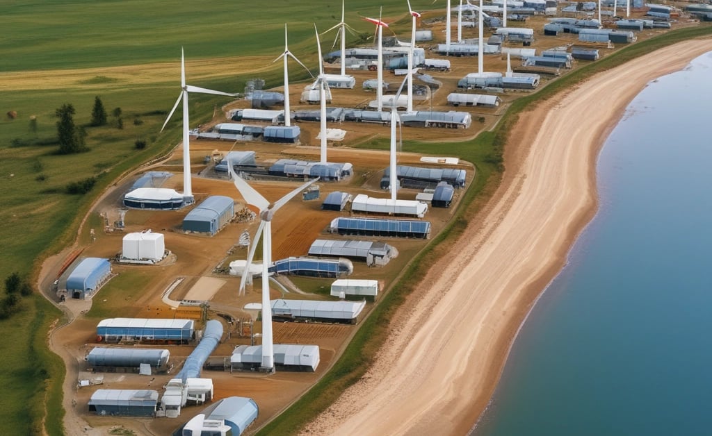 Aerial view of a coastal wind farm station with white turbines and industrial buildings on a sandy beach.