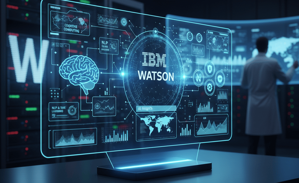 Um homem de jaleco branco em pé em frente a uma tela grande.