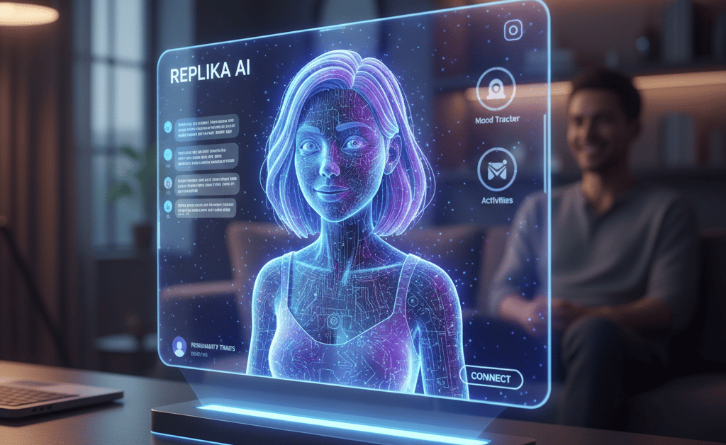  uma tela de laptop com uma interface futurista de uma mulher