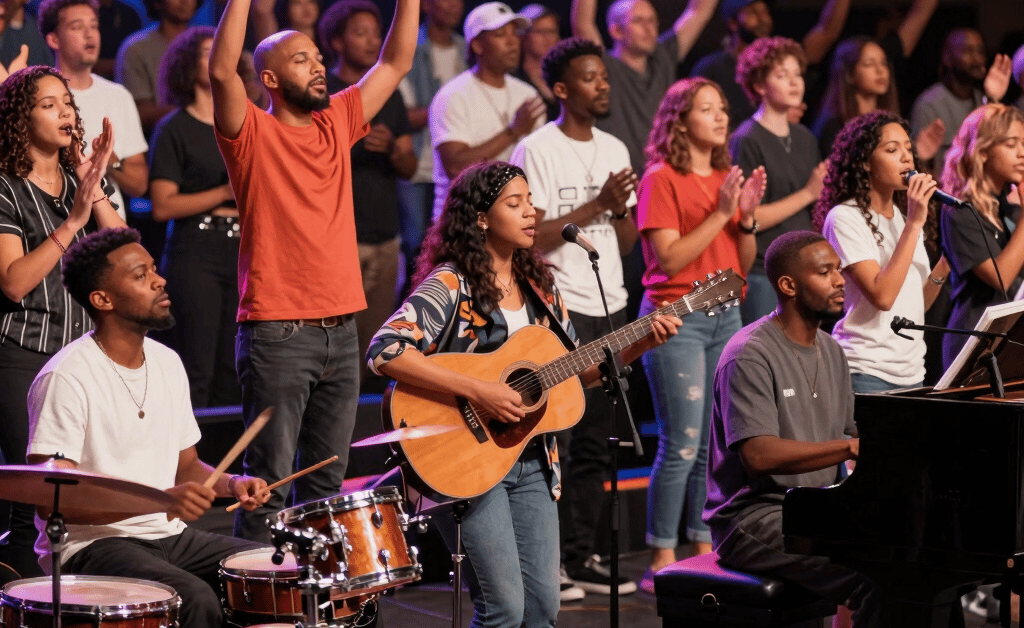 A warm, inviting photo of a diverse group gathered in fellowship, symbolizing faith and community.