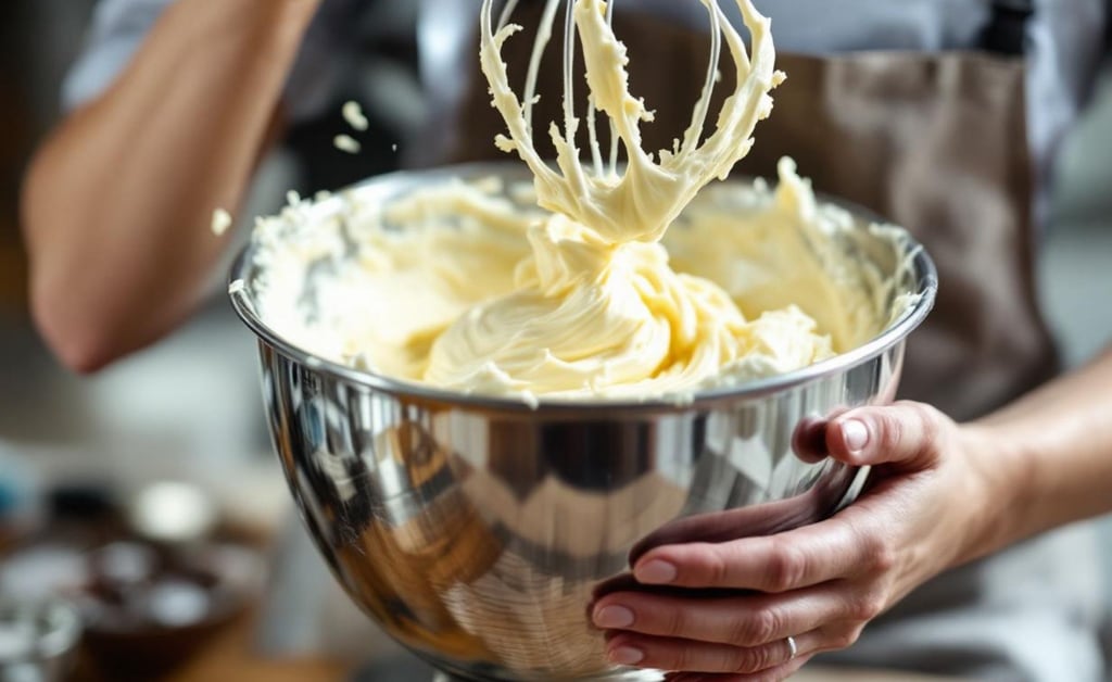 a person holding a large metal bowl with whipped butter