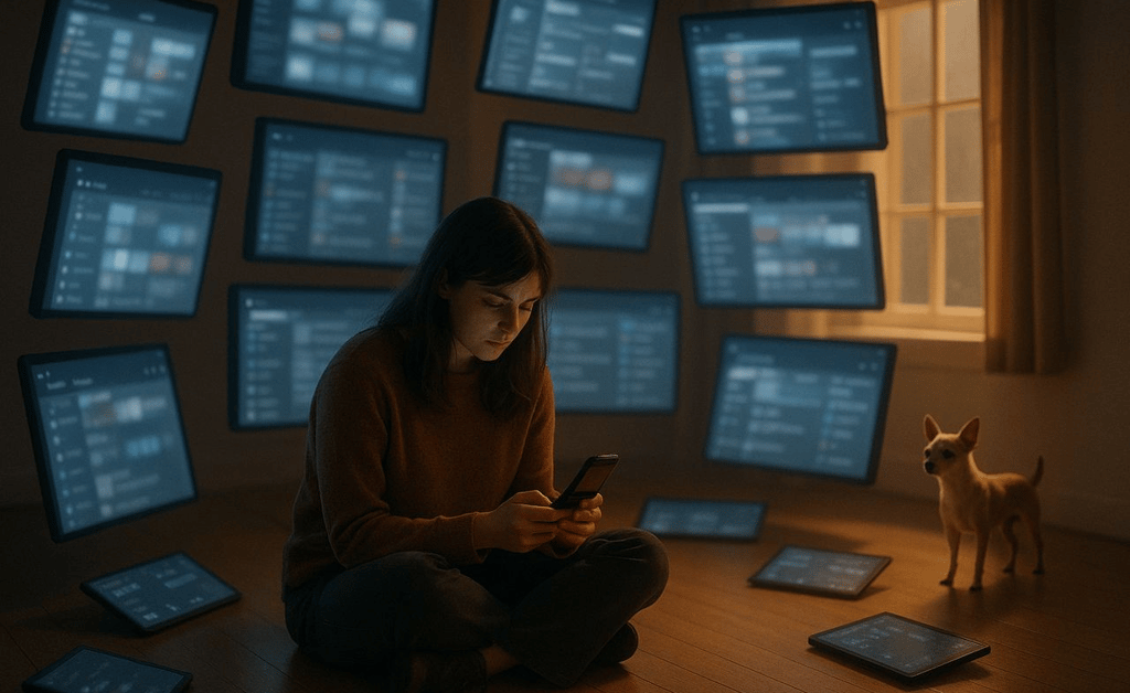 a woman sitting on a floor with a dog and a cell phone