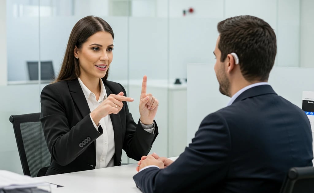 Alt=  homem surdo usando aparelho auditivo mulher explica usando Libras