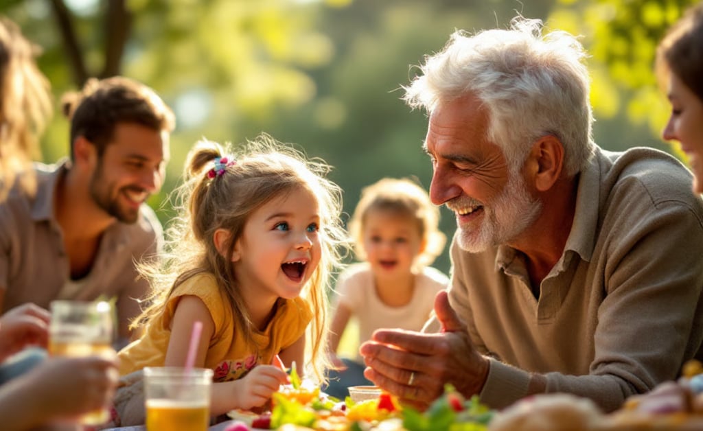 Avô e neta sorrindo juntos ao ar livre demonstrando como aparelhos auditivos transformam a vida e re