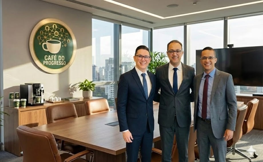two men in suits standing in a conference room
