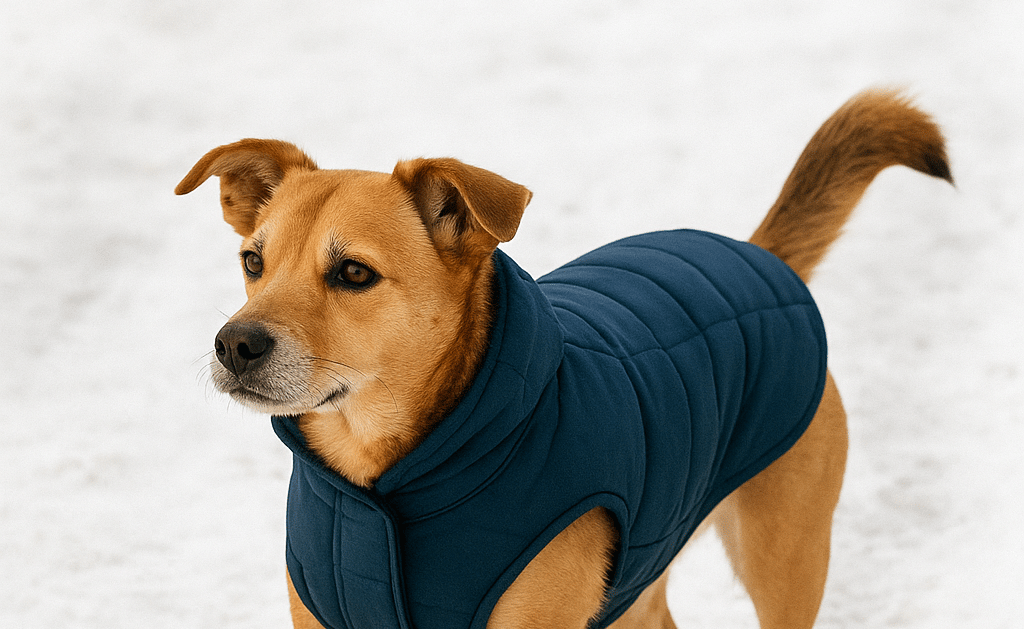 Dog enjoying a winter walk with a coat on a snowy sidewalk