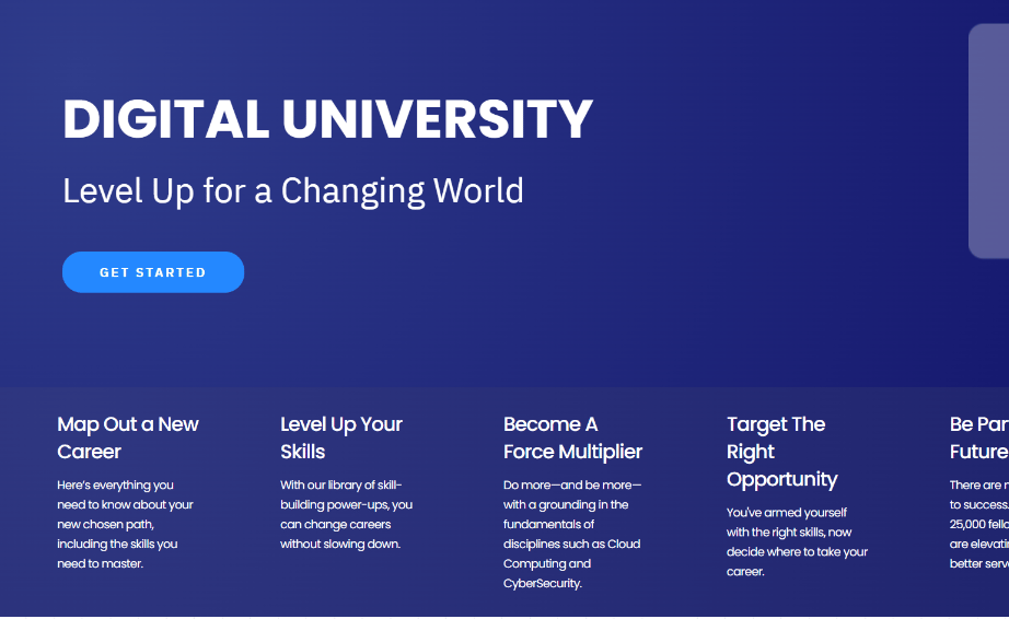 Front page to an educational website Digital University