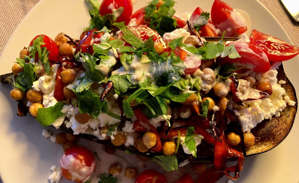 eggplant with feta, spicy chickpeas, red pepper and garlic