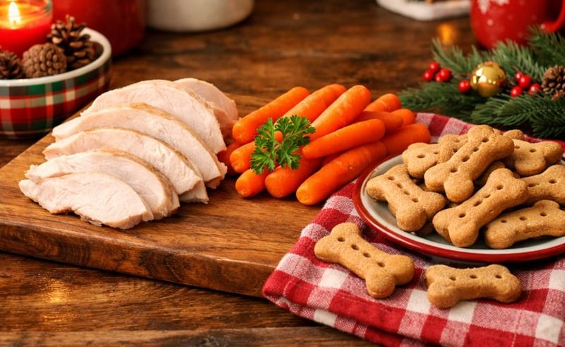 Pet-safe holiday treats arranged on a kitchen counter.