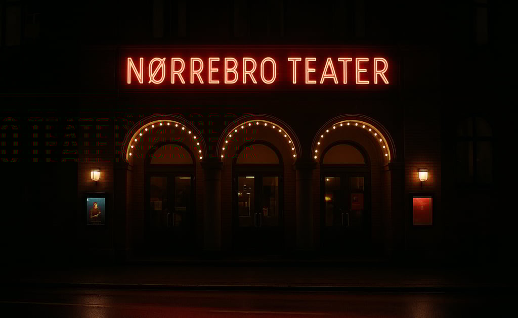 Nørrebro Teater entrance at night, inviting and slightly dramatic atmosphere