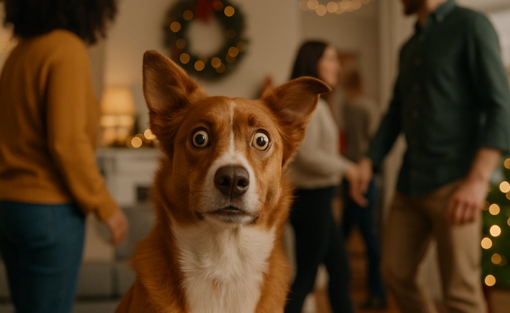 Dog feeling alert with holiday guests nearby.