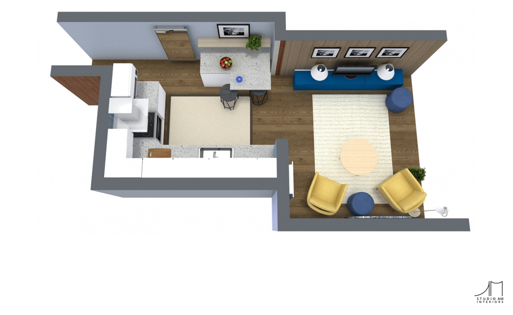 3D floor plan showing redesigned kitchen and living room