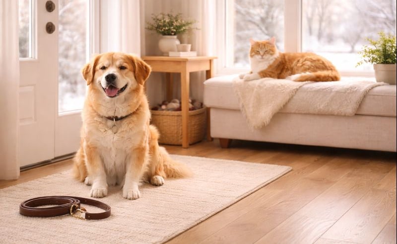 Dog and cat enjoying a calm winter morning routine at home in Burlington.