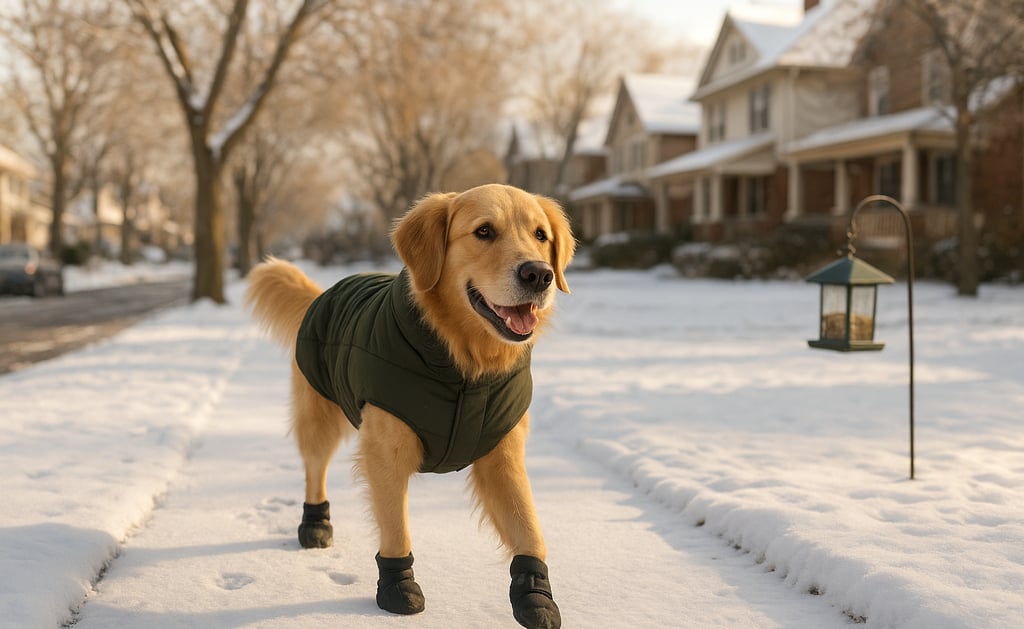 Dog wearing winter jacket and booties walking safely on a snowy Burlington sidewalk