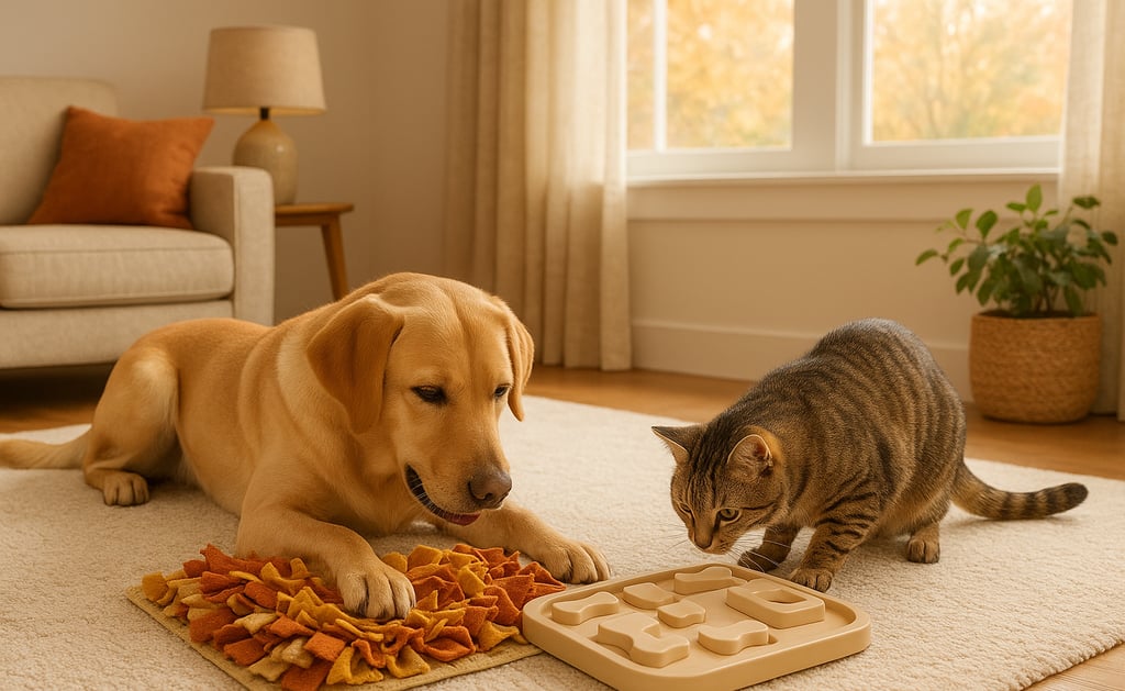 Indoor dog and cat enjoying enrichment activities in a Burlington, Milton and Oakville home.