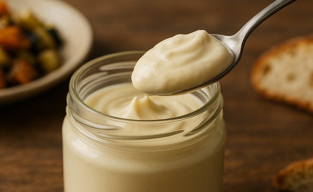 A spoon scooping a dollop of velvety mayonnaise from the jar. 