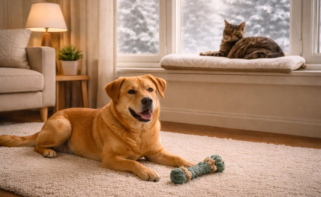 Dog and cat relaxing indoors during winter in Burlington.