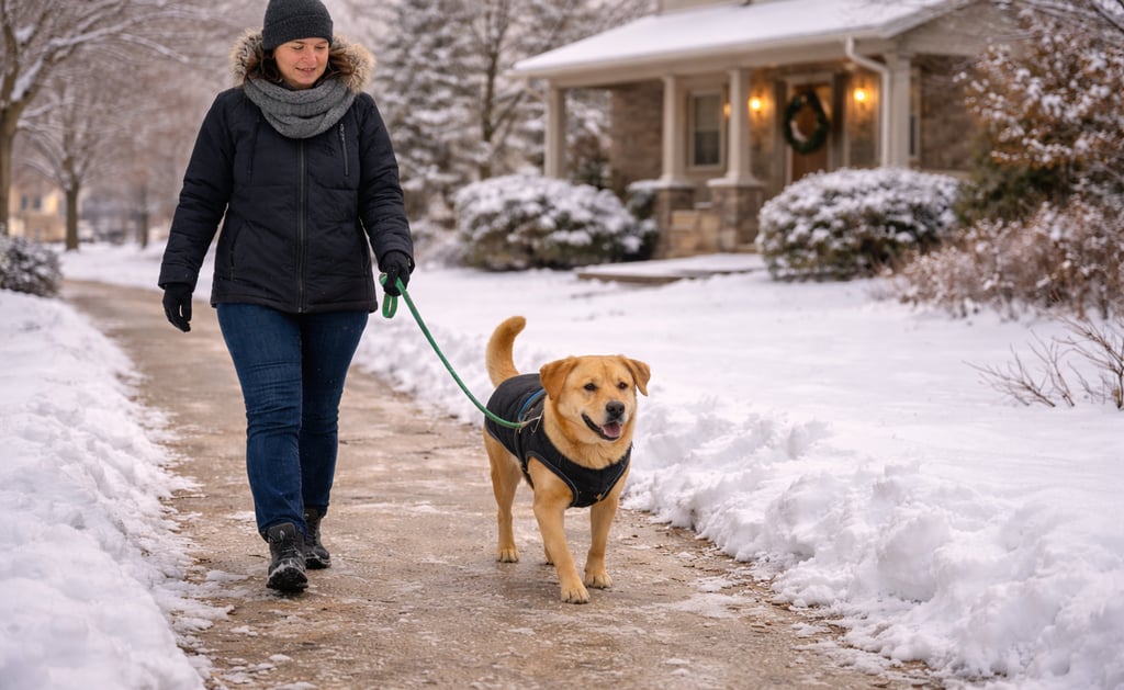 Dog being walked in winter by a professional pet sitter in Burlington