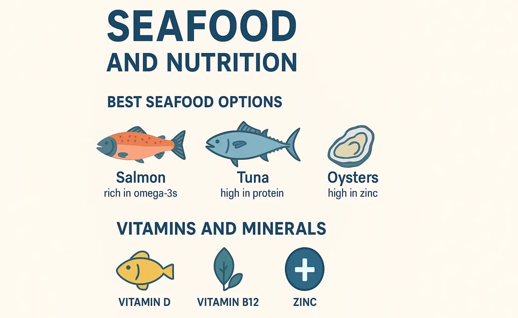 Infographic showing seafood nutrition benefits with icons of fish, shrimp, salmon, and omega-3.