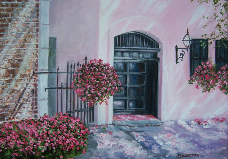 art of street door and wall, floral, pink