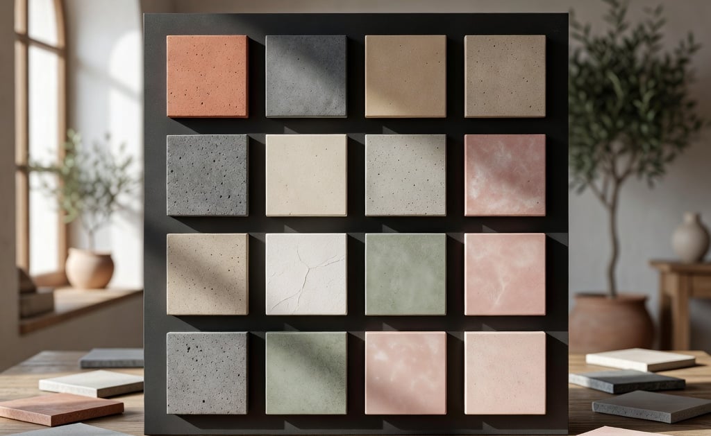 A display board of colorful concrete tile samples in various earth tones on a rustic wooden table.