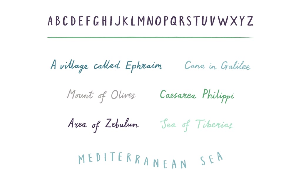 Hand drawn lettering showing the alphabet and different words written out and digitalised.