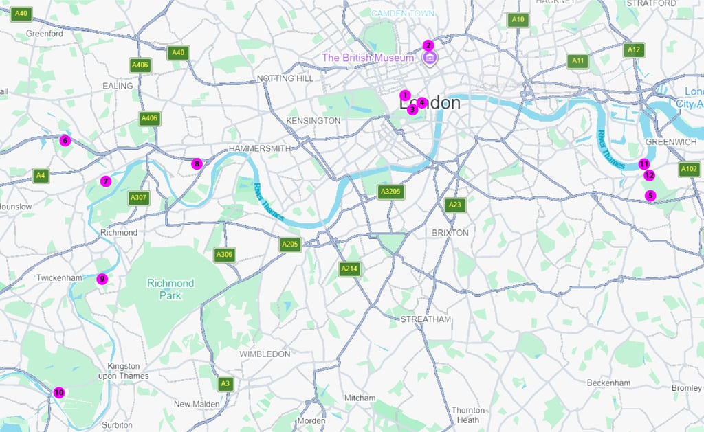 map with the London filming locations for Bridgerton