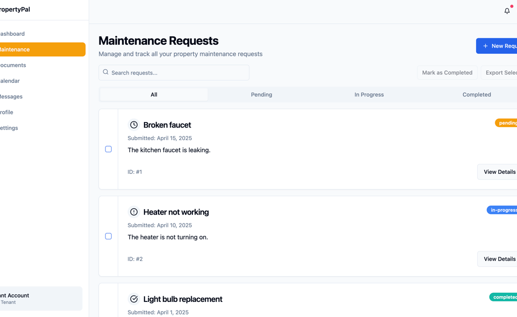 a dashboard with maintenance requests