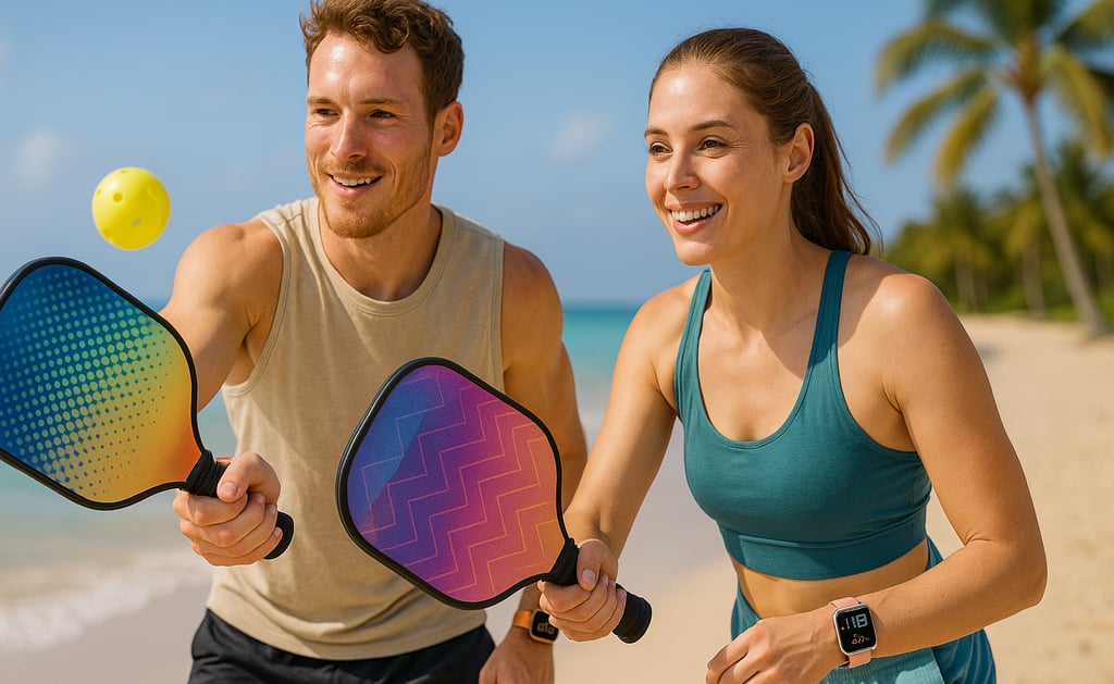 a man and woman playing tennis on the beach