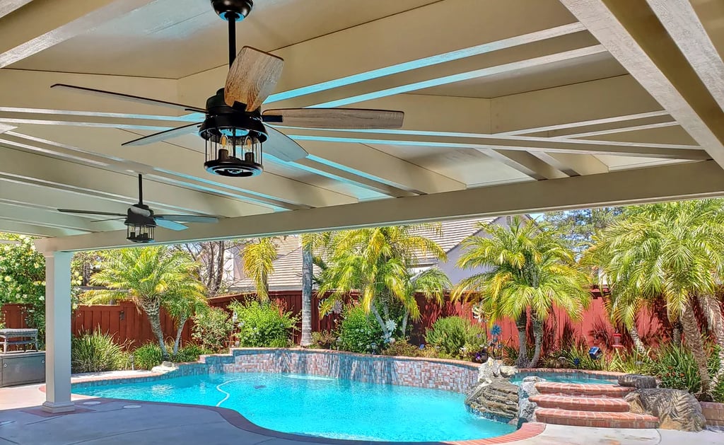 One of a kind insulated Alumawood shade structure poolside in Temecula, California.