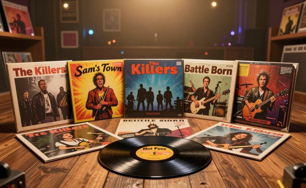 A vivid arrangement showcasing The Killers' music albums sprawled artfully on a textured wooden floo