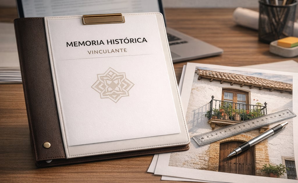 Historical memory binder on a desk with architecture photos and design tools.