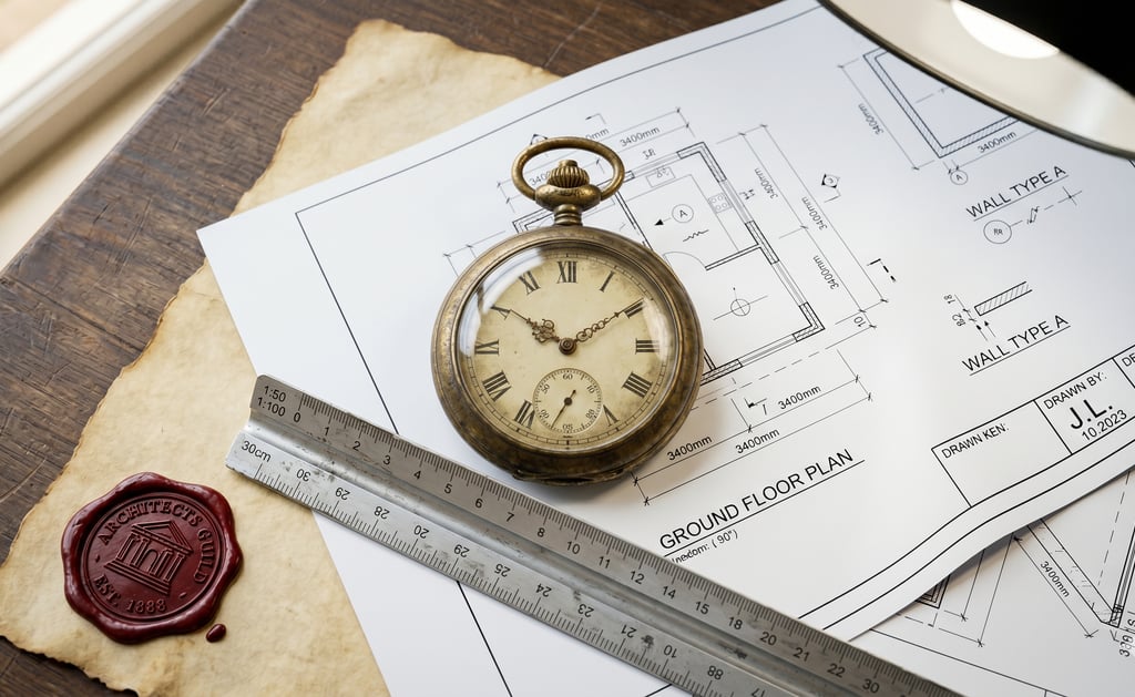 Reloj antiguo sobre planos arquitectónicos modernos representando plazos legales.