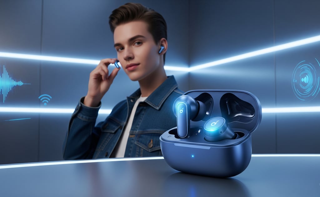 Um homem de jaqueta jeans e calça jeans segurando um fone de ouvido Bluetooth.